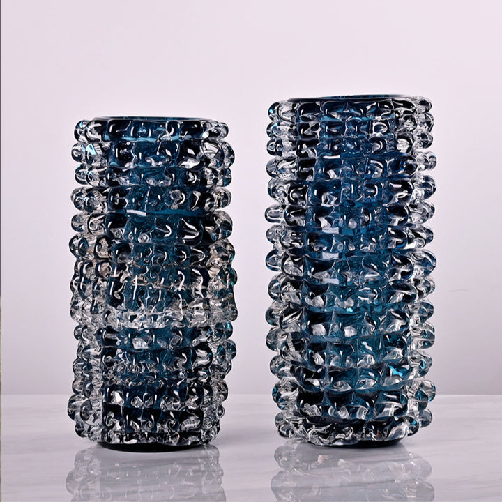 Azure - Medium/Large Modern Luxury Crystal Blue Glass Vases w Bubbling Texture