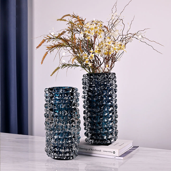 Azure - Medium/Large Modern Luxury Crystal Blue Glass Vases w Bubbling Texture w Flowers