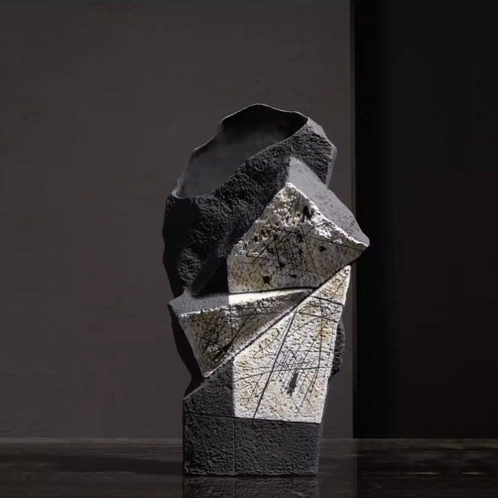 Cipher - 22 inch (56cm) Black And White Abstract Architectural Floor/Console Vase